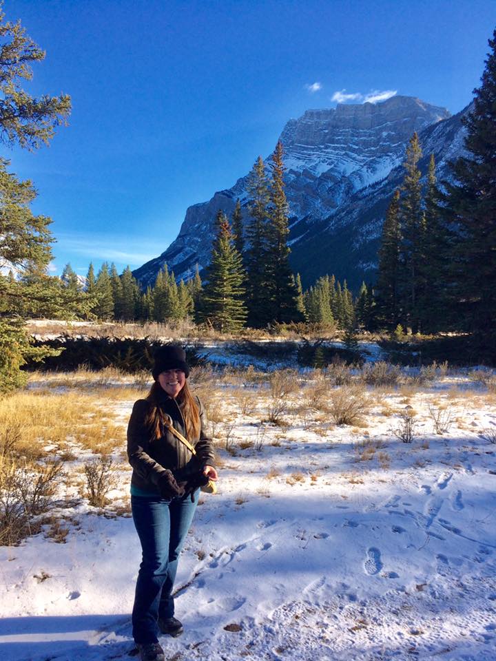 Jessie on snowy Surprise Corner to Hoodoos Viewpoint trail in Banff National Park